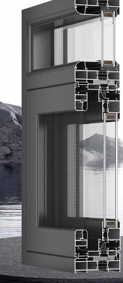 Section view of the Jiuhua Dinggu 110 aluminium system window with PA66 thermal break, 5+27A+5 glazing and Homan hardware