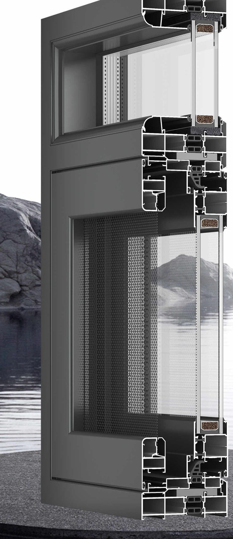 Section view of the Jiuhua Dinggu 110 aluminium system window with PA66 thermal break, 5+27A+5 glazing and Homan hardware