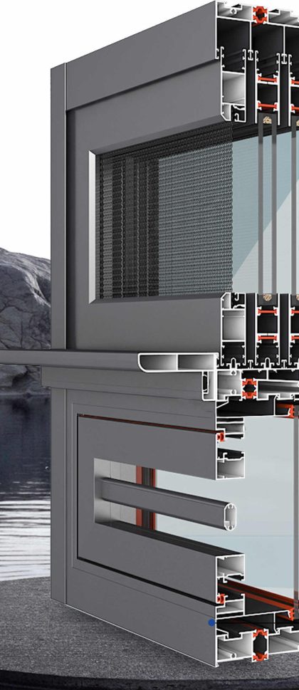 Section view of the Jiuhua 112-2.0 thermal-break aluminium sliding window with a 20 mm thermal strip and 5+9A+5 glazing