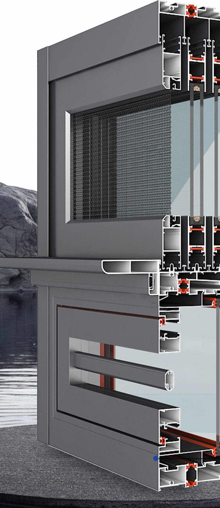 Section view of the Jiuhua 112-2.0 thermal-break aluminium sliding window with a 20 mm thermal strip and 5+9A+5 glazing