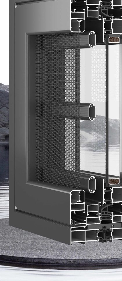 Section view of the Jiuhua 115-2.0 thermal-break aluminium system window with a multi-cavity frame, closed bead and 5+27A+5 glazing