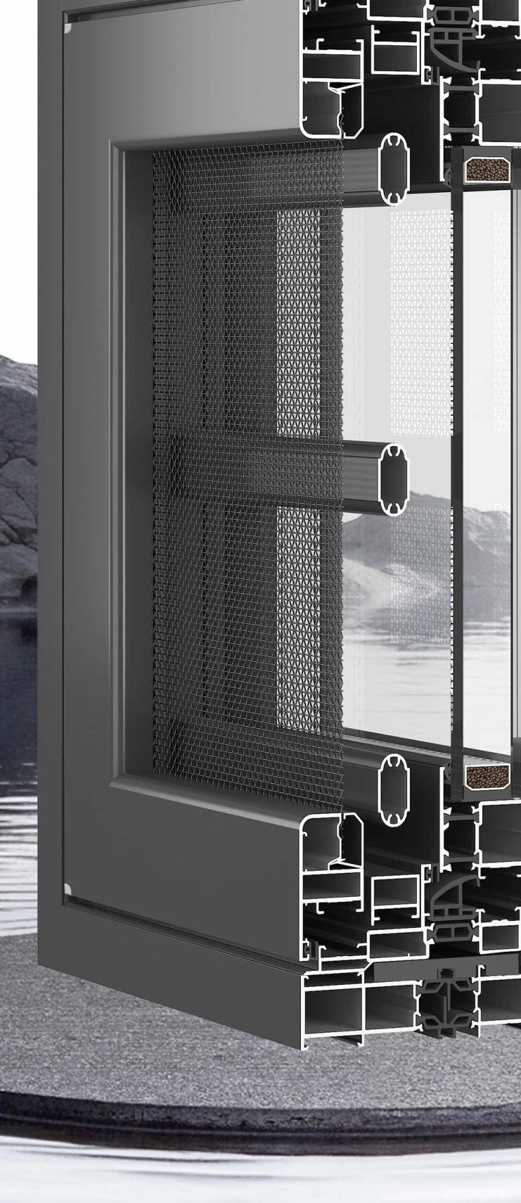 Section view of the Jiuhua 115-2.0 thermal-break aluminium system window with a multi-cavity frame, closed bead and 5+27A+5 glazing