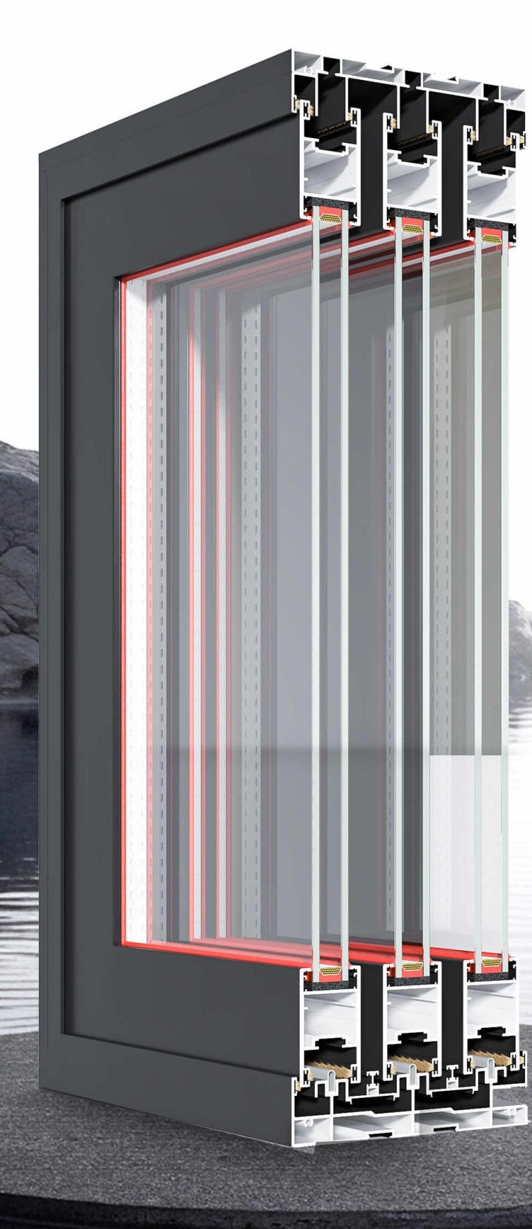 Section view of the Jiuhua 40 × 65 three-track aluminium sliding door showing the three sash tracks and 4+15A+4 glazing