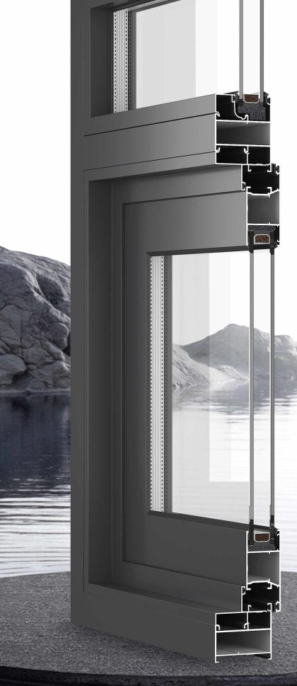 Section view of the Jiuhua 50 series aluminium casement window showing the inside-glazed sash and 5+12A+5 insulated glass