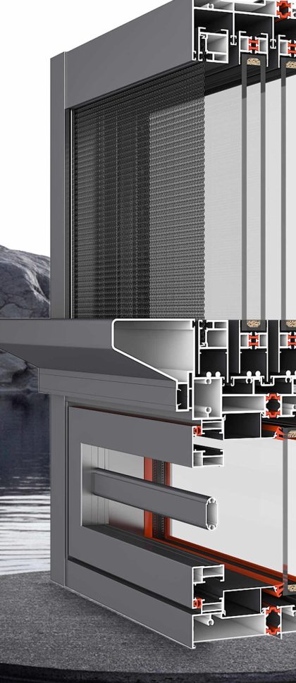 Section view of the Jiuhua six-track aluminium sliding window with 304 stainless steel security mesh and 5+15A+5 glazing