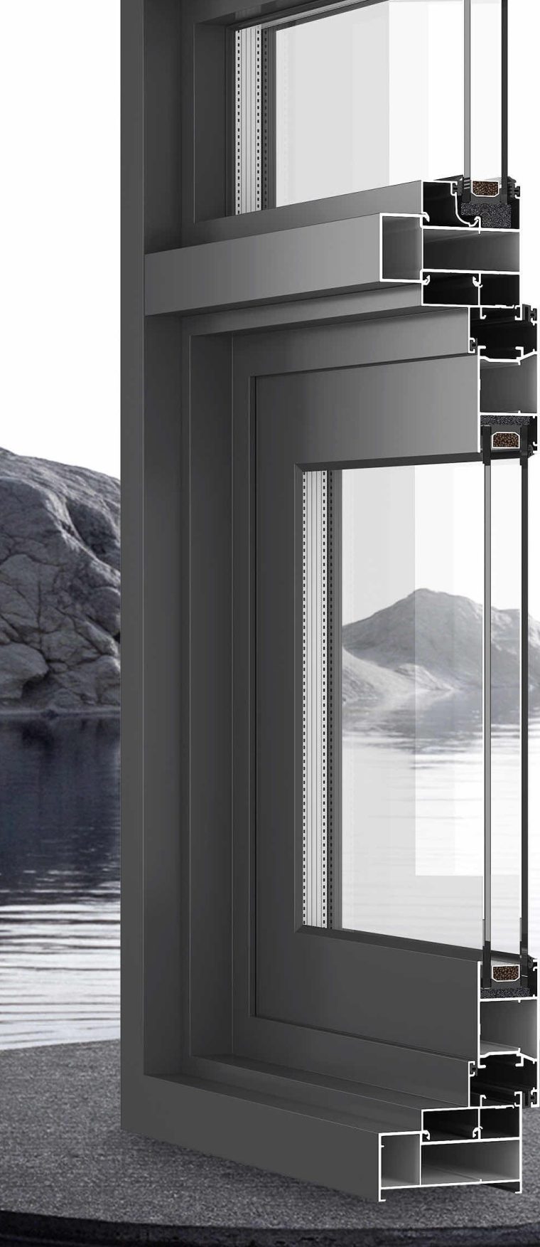 Section view of the Jiuhua 70 series aluminium casement window with inside glazing and 5+12A+5 insulated glass