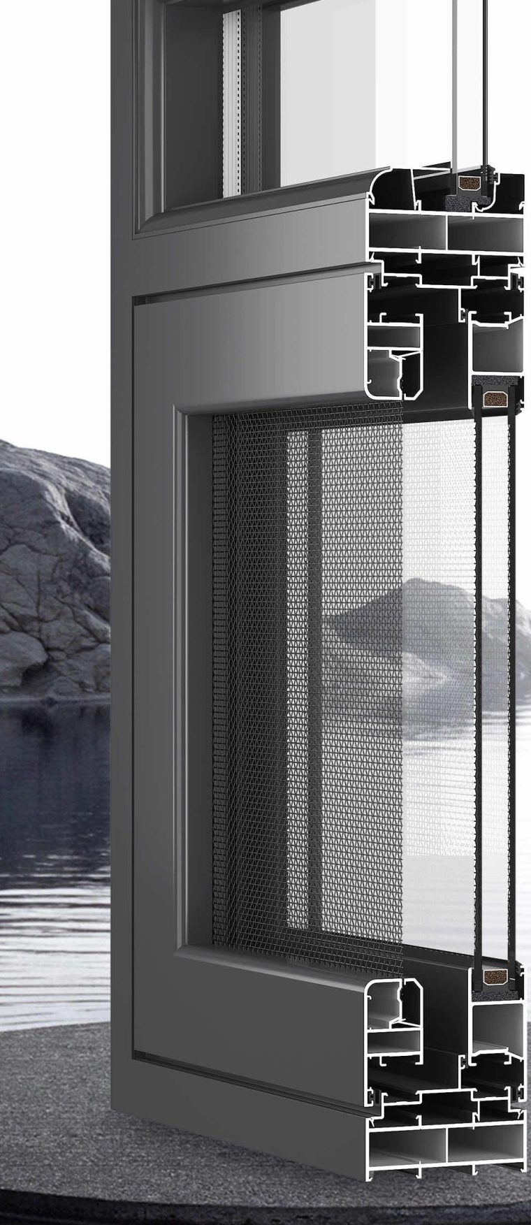 Section view of the Jiuhua 85 series casement window with an integrated stainless steel fly screen and 5+12A+5 glazing